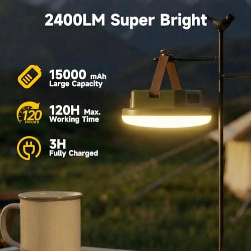 Solar Camping Lantern Rechargeable with Remote, 2400LM LED Tent Light 15000mAh Up to 120HRS Lasting, Outdoor Waterproof Solar Lanterns for Power Outages, Emergency, Camping, Hiking, Green - Thumbnail 2