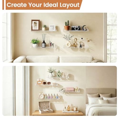 SpaceWhisper Floating Shelves for Wall, 6-Pack 15" Wall Shelves for Bathroom, Bedroom, Kitchen, Living Room, Display Hanging Shelf Organizer for Book, Picture Ledge, Figure Storage, Room Decor (Clear) - Thumbnail 6