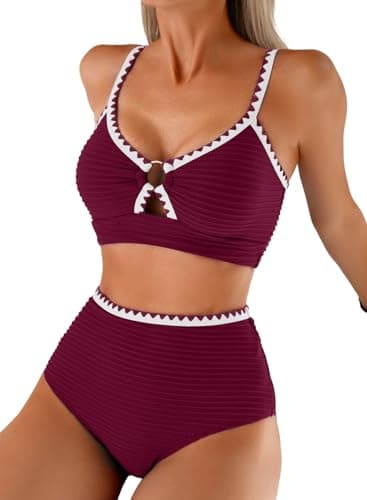 Herseas Womens Textured 2 Piece Bikini Sets Push Up Top 2026 Summer V Neck Swimsuits O Ring Whip Stitch High Waisted Bathing Suits Flattering Modest Cruise Outfits Dark Red X-Small
