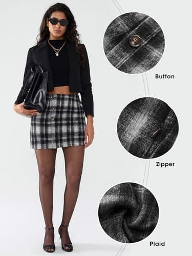 EXLURA Womens Faux Wool Plaid Mini Skirt Elastic High Waisted Tweed Skirts Button Bodycon Skirt Fall Winter Outfit Pocket - Thumbnail 5