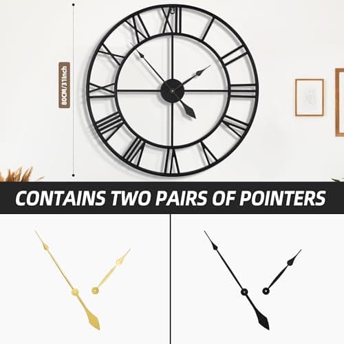 HAITANG Large Wall Clock for Living Room Decor, 32 Inch Black Metal Silent Non Ticking Battery Operated Modern Vintage Decorative Clock for Bedroom - Thumbnail 3