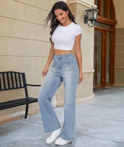 MARIASHA Wide Leg Jeans for Women, High Waist Stretchy Baggy Jeans, Blue Washed Denim Pants with Dual Pockets - Thumbnail 5