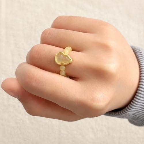 ANNIE WU Yellow Jade Ring for Women, Natural Hetian Jade Beaded - Thumbnail 2