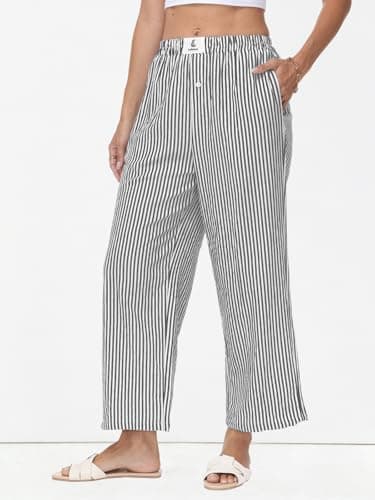 Lallabai 2026 Women Striped Gingham Palazzo Cropped Pants Lounge Boxer Pajama Pants Wide Leg PJ Bottoms Trousers with Pockets - Thumbnail 5