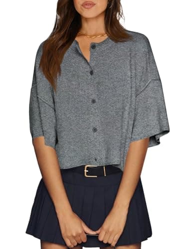 Cicy Bell Womens Half Sleeve Cardigan Sweaters Cropped Button Down Tops Oversized Lightweight Ribbed Knit Summer Outfits Dark Grey - Image 1