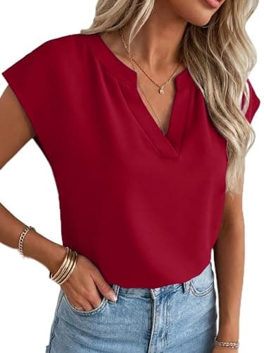 Funlingo Womens Blouses Dressy Casual Short Sleeve V Neck Summer Tops Fashion Flowy Work Blouses Office Clothes 2026 Red XL - Image 1