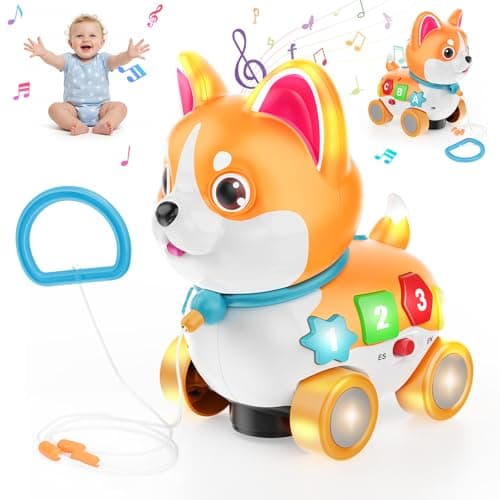 YUANNA Musical Toys for 6 Month - 3 Year Old Boy Girl, Baby Toys Bilingual Educational with Music Light, Crawling & Walking Puppy for Birthday (Orange)