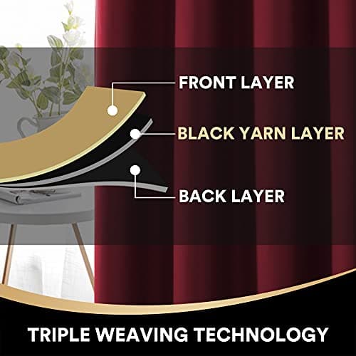 PrinceDeco Christmas Decorations 100% Blackout Curtains for Bedroom Sound Proof Drapes with Backing Full Light Blocking Panels for Patio Sliding Door Grommet Curtains 2 Sets (Burgundy Red, 52x96 in) - Thumbnail 4