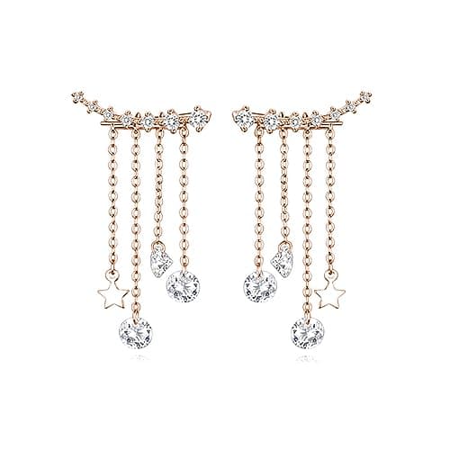 Reffeer Solid 925 Sterling Silver Crawler Earrings Tassel Chain Dangle for Women Teen 7 Crystal Cuff Earrings Climber - Image 1
