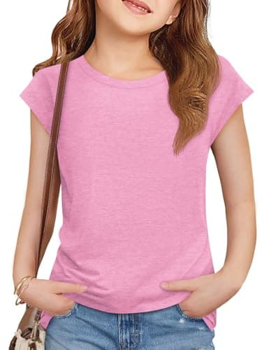 Imily Bela Girls Short Sleeve T Shirts Crew Neck Cap Sleeve Tank Tops Casual Loose Summer Shirt Kids 5-14 Years Light Pink - Image 1
