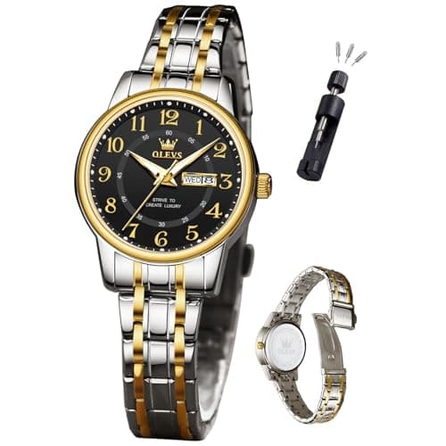 OLEVS Watch Women Luxury Stainless Steel Waterproof Small Wrist Black Face Simple Analog Quartz Watches for Women Easy to Read Gold and Silver Two Tone Arabic Numerals Ladies Watches - Image 1