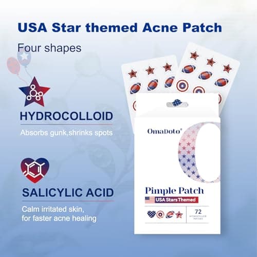 OMADOTO Star Pimple Patches for Face - 72Pcs (14mm) Hydrocolloid Acne Patches For Sports&Gatherings, USA Stars Themed Blemish & Zit Stickers, USA Party Pimple patches, 4th of July Zit Patches - Thumbnail 2