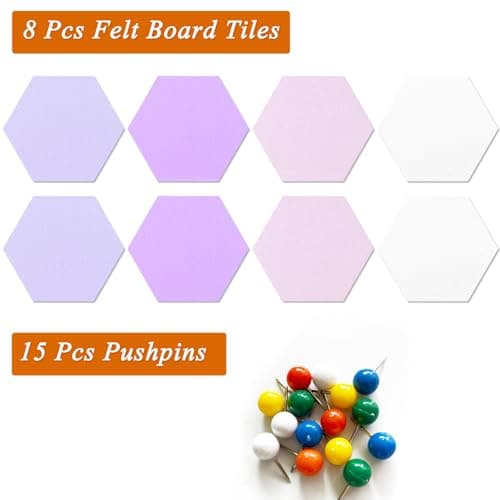 HULAVO 8 Pcs Hexagon Felt Cork Bulletin Board Tiles, Self Adhesive DIY Bulletin Board Pin Board for Office School Home Wall Decor Memos Photos Display(Purple & Pink) - Thumbnail 4