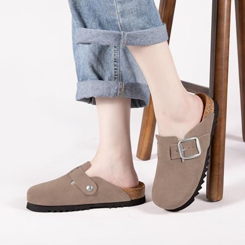 Brelzo Calvior Suede Clogs for Women Leather Mules Slip-on Sandals Men's Potato Shoes with Arch Support Dark Khaki - Thumbnail 2