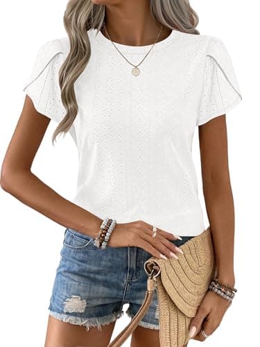 ANRABESS Womens Tops Summer Eyelet Petal Short Sleeve T Shirts Dressy Casual Blouses Ladies Basic Tees 2026 Spring Clothes White Medium - Image 1