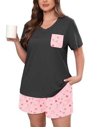 AusLook Plus Size Pajama Set for Women 2 Piece V Neck Short Sleeve Loungewear 2X Set with Pajama Printed Shorts Summer Sleepwear Loose Fit 1X-5X - Image 1