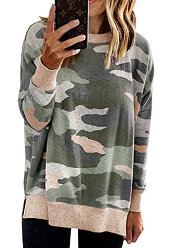ECOWISH Women Side Split Sweatshirt: Fall Crewneck Long Sleeve Oversized Camo Shirts Casual Camouflage Print Pullover Tops 017 Beige L 017 Beige M