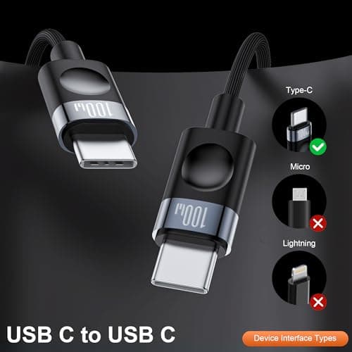 USB C to USB C Cable 100W,Type C Charger Fast Charging(3.3ft, 2-Pack) Braided Nylon Cord for Car,Compatible with MacBook Pro/Air, iPad Pro, iPhone 17/16/15, Samsung S23-S25-Black - Thumbnail 6