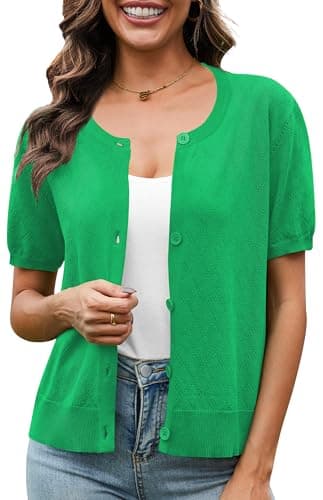 VIISHOW Women's Cardigans Summer Cropped Lightweight Crew Neck Short Sleeve Shrugs Tops Bright Green, XX-Large - Image 1