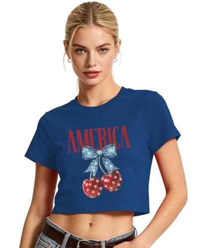 America Bow Cherry Crop Tops Women-Cute 4th of July y2k Crop Shirt USA 250 Years Cropped Shirt - Image 1