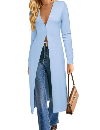 GRACE KARIN Womens Long Cardigan Trendy, Lightweight Knit Dusters Coat, V Neck Button Up Sweater Maix Dress Blue L - Image 1