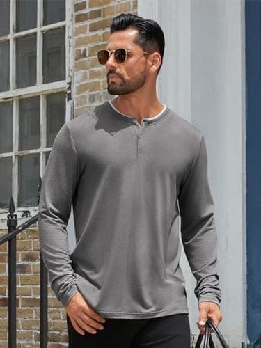 Hardaddy Men's Long Sleeve Henley Shirts Casual Color Block Henley Button T-Shirt Tops Deep Gray XXL - Thumbnail 2
