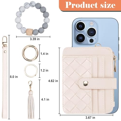 Airkit Wristlet Wallets for Women, Keychain RFID Blocking Credit Card Holder, Small Girly Wallet with Bracelet, Silicone Beaded Tassel Key Ring Card Holder, White - Thumbnail 2