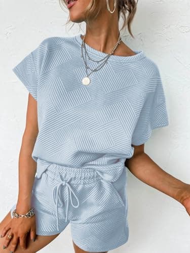 Tankaneo Womens Loungewear Set Short Sleeve Tops and Shorts 2 Piece Outfits Matching Lounge Pajama Set with Pockets Light Blue - Thumbnail 3
