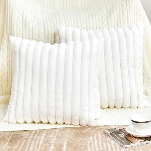GriNeed Throw Pillow Covers Decorative Faux Fur Set of 2 16x16 Inch Pillow Covers, Soft Cream White Plush Striped Pillowcases for Couch Sofa Bed Living Room, Fluffy Cute Home Boho Accent Fuzzy Decor - Image 1