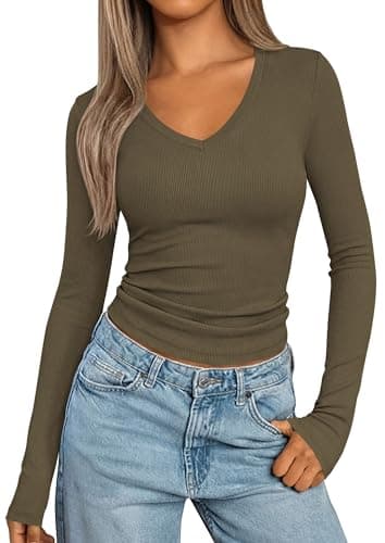 PRETTYGARDEN Long Sleeve Shirts for Women 2026 Fall V Neck Basic Tee Casual Fitted Ribbed Going Out Tops Kint Y2K Clothes (Army Green,Large) - Image 1