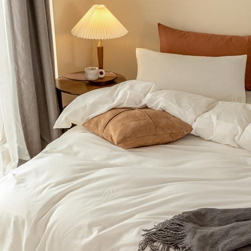 ELIMMO Cooling Super King Duvet Cover Set 3 Pieces-100% Washed Cotton Linen Like Textured Ultra Soft Cozy Bedding-Zipper Closure,Includes 1 Duvet Cover & 2 Pillow Shams(Off White,Super King 108"x98") - Thumbnail 3