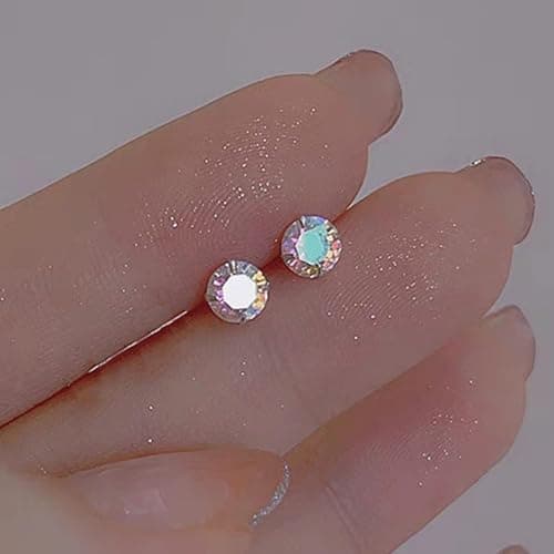 Titanium Screw Back Earrings Surgical Stainless Steel Aurora Borealis Cubic Zirconia Rainbow Fake Diamond Flat Back Stud 316L Hypoallergenic for Sensitive Ear for Women Men Teen CZ Twist Piercing Post - Thumbnail 6
