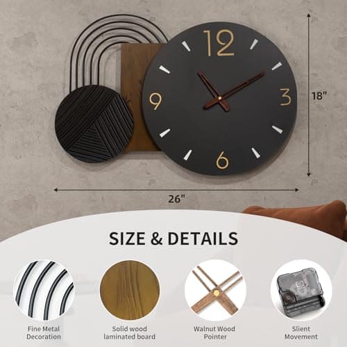 Anmotpe Wall Clock Modern Battery Operated Black Big Clocks Metal& Wood Retro Style Large Wall Watch Metal Walnut Dial Wall Clock Perfect for Modern Home,Office 26inchX18inch - Thumbnail 2