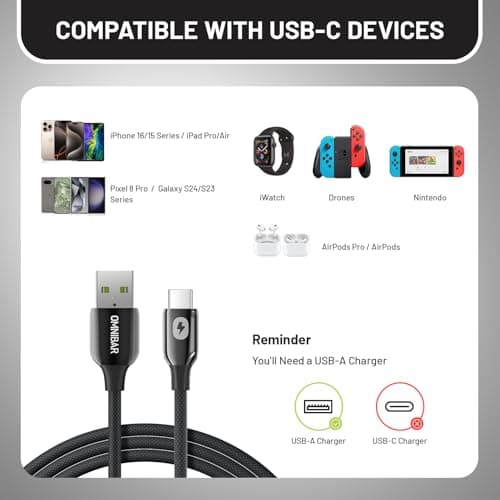 Omnibar USB A to USB C Cable 6FT, iPhone 17 16 15 Charger Cord Type C, Braided Zinc Alloy Samsung Charger Fast Charging Cord for Galaxy S25 S24, Tablet, Laptop, PS5, AirPods, GoPro, DJI, Carplay Cable - Thumbnail 6