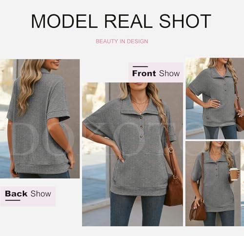 Dokotoo Spring Summer Tops for Women 2025 Button Down Short Sleeve Shirts for Women Lapel V Neck Oversized Shirts Ladies Tops and Blouses Solid Tunic Tops for Women Loose Fit Dressy Grey Shirts M - Thumbnail 5