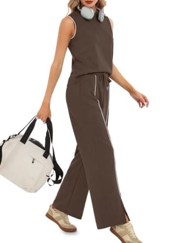 Casly Lamiit Workout Set Two Piece Outfits for Women Casual Crew Neck Top Wide Leg Pant Matching Clothing Sets Dark Brown M - Thumbnail 2
