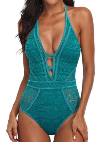 SOCIALA Womens Swimsuits Crochet One Piece Swimsuit Women V Neck Bathing Suits Vintage Swim Suit for Ladies 2025 Blue XL - Image 1