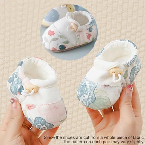 HOVELL Baby Booties Adjustable Toggle Slipper Newborn Stay-on Boots Soft Cozy Cotton Non-Slip Shoes for Infants Girls(SpringFlower,6-12Months) - Thumbnail 3