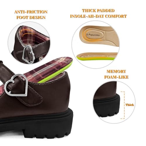 Popusister Toddler Girl School Shoes Brown Mary Janes with Thick Padded Insole and Bow,Toddler Little Kid Round Toe Dress Shoes for School Uniform Wedding Party Church,Comfortable Soft Walking Flats - Thumbnail 5