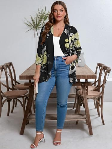 AusLook Women's Plus Size 3/4 Sleeve Lightweight Open Front Cardigan Black Golden Floral 2X Draped Ruffles Causal Cover Ups Shrugs Tops Shawls and Wraps Kimono Jacket Coat - Thumbnail 4