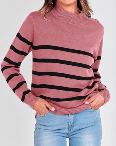 KIRUNDO Fall Sweaters for Women 2026 Striped Turtleneck Ribbed Knit Sweater Trendy Pullover Jumper Winter Fashion Clothing(Large, Dusty Pink) - Thumbnail 6