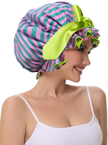 Vettres Silk Hair Bonnet for Sleeping, Satin Shower Cap for Women 2026 with Tie Band and Adjustable Straps Head Wrap for Curly Hair Pink-Red-Green F - Thumbnail 6