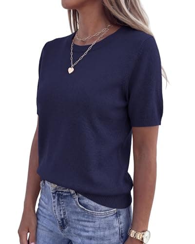 BTFBM Women's Short Sleeve Sweaters 2026 Summer Crew Neck Knit Work Shirts Business Casual Tops Basic Fall Fashion Clothing(Navy Blue, Large) - Thumbnail 5