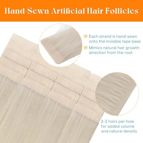 Sunny Hair Invisible Injected Tape in Hair Extensions Bleach Blonde, 24inch 20Pcs 50g Real Human Hair for Women, Hand Sewn Natural Hair Extensions for Natural Volume and Glossy Shine - Thumbnail 2