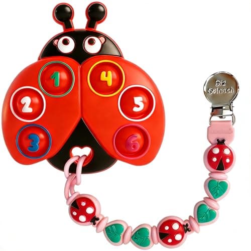 BIGSPINACH Teething Toy & Pacifier Clip Set,Ladybug Pop-It Teether & Pacifier Hold,Multi-Textured Chew Toy with Number Buttons for Early Learning, Baby Teething Relief (Red+Pink)