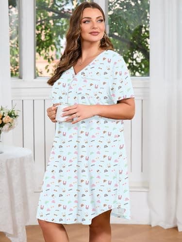 AusLook Plus Size Floral Nightgown for Women Midi Sleep 2X Dress Short Sleeve V Neck Flowy Lounge House Dress Casual Printed Night Dress - Thumbnail 4