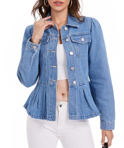 J.Corrine Womens Denim Jacket Peplum Ruffle Hem Jeans Jacket Button Down Casual Trendy Puff Long Sleeve Jean Jackets Blue L - Image 1