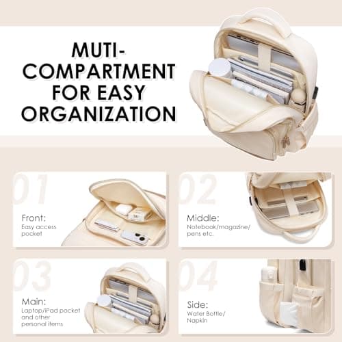 MDODO Laptop Backpack for Women,Travel Backpack with Laptop Compartment,Casual Daypack College Bookbag Computer Backpack for Work with Small Organizer Bag,Beige - Thumbnail 3