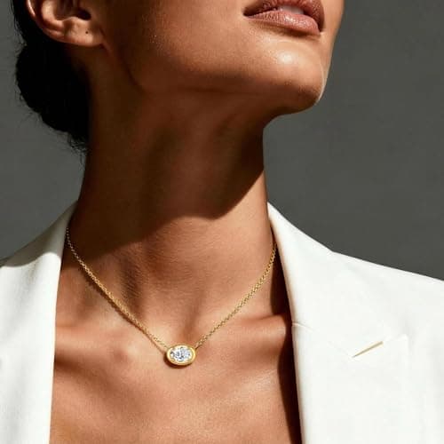 Gloraine Gold Plated Necklace for Women, Emerald or Oval CZ Crystal Pendant Choker, 16+2inch Chain, Dainty Birthday Gift for Wife Girlfriend Mother Valentine’s Day (Yellow Gold Plated Brass, Oval) - Thumbnail 2