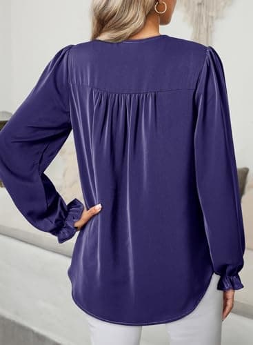 Dokotoo Women's Tops Ladies Casual Basic Pleated Tops Long Puffy Sleeve Blouses for Women Dressy 2026 V Neck Solid Color Loose Fit T Shirts Pullover Shirt XX-Large Blue - Thumbnail 2
